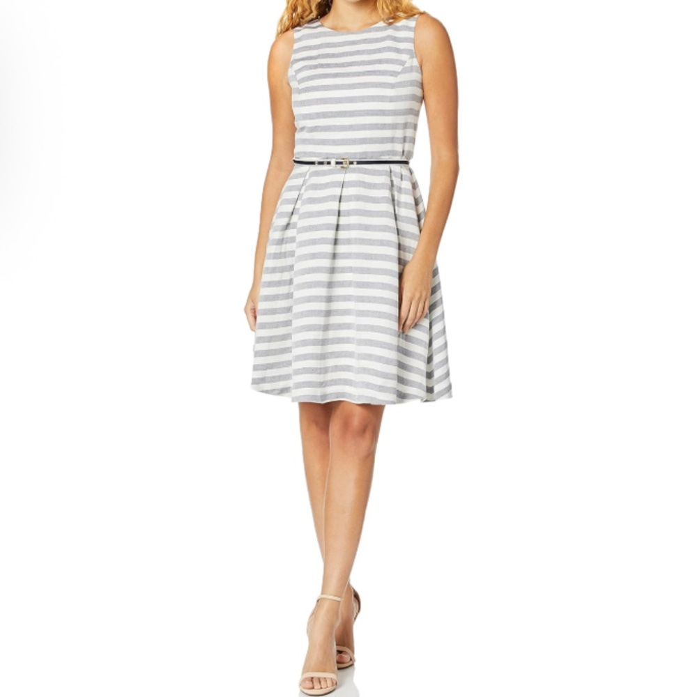 Nine West, Striped Gray and White Sleeveless Dress Linen Blend, Size 10
